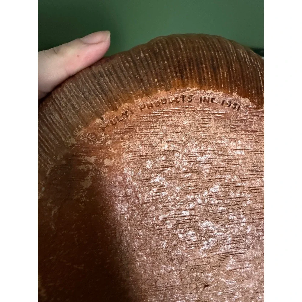 Vintage 1951 Multi Products Inc Molded Wood Floral Bowl Brown Scalloped 8 Inch